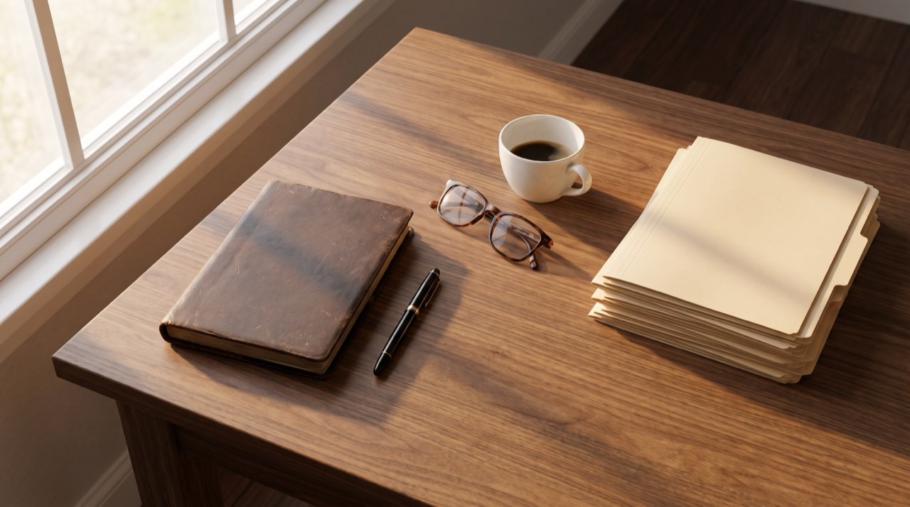 A closed notebook, reading glasses, a coffee and a squared stack of folders on a wooden desk