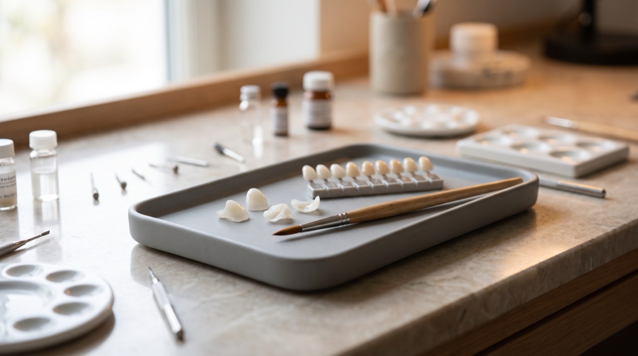 A tray of porcelain veneers and a shade guide on the ceramist’s bench, in evening light
