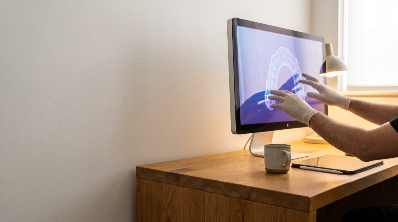 Gloved hands adjusting a digital smile preview on a large screen