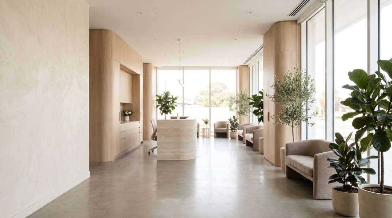 The practice reception: pale oak, plants and daylight