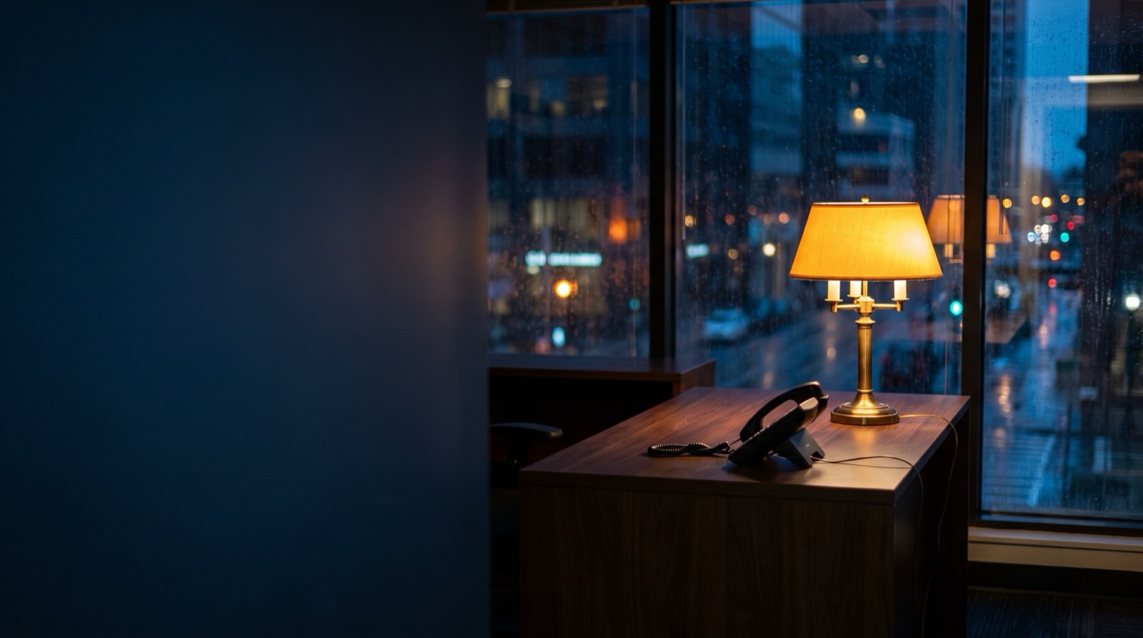 A lit desk lamp and telephone against a rain-streaked window