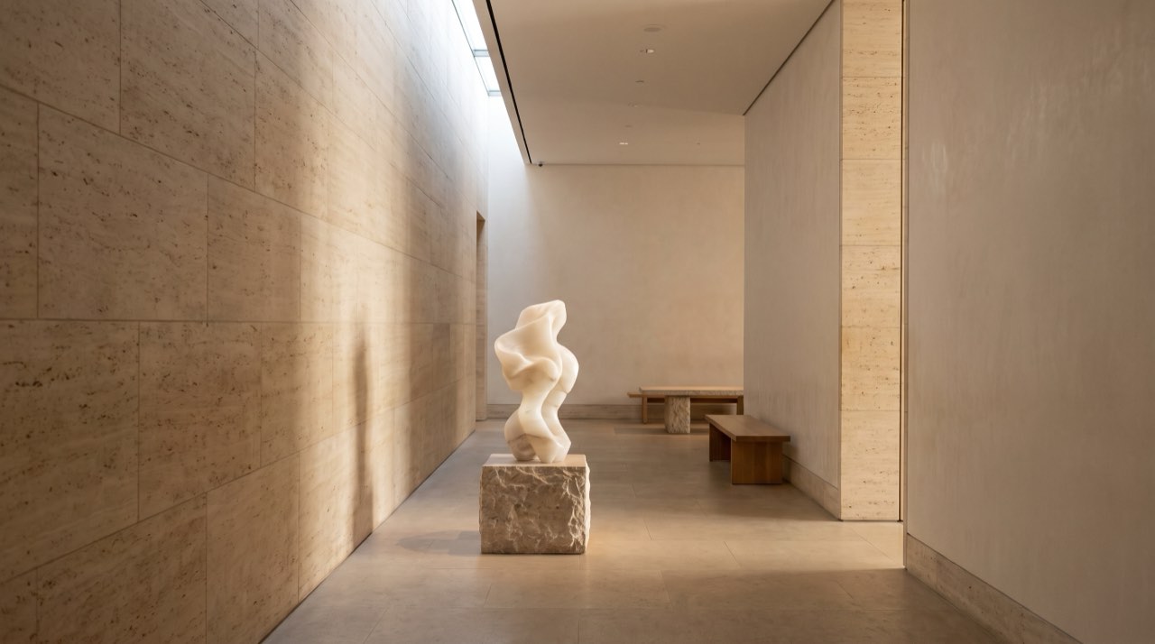 A travertine gallery inside the facility with a single sculpture