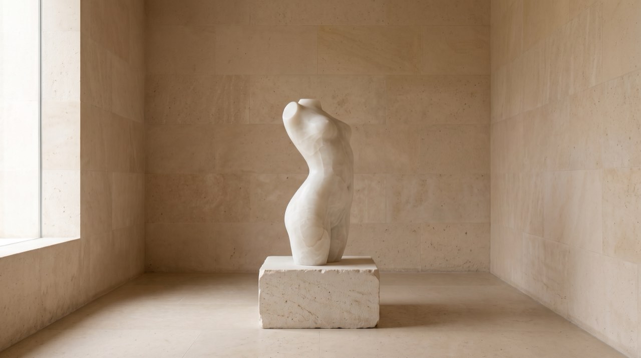 An alabaster torso on a plinth in a plaster-walled room, lit from the window