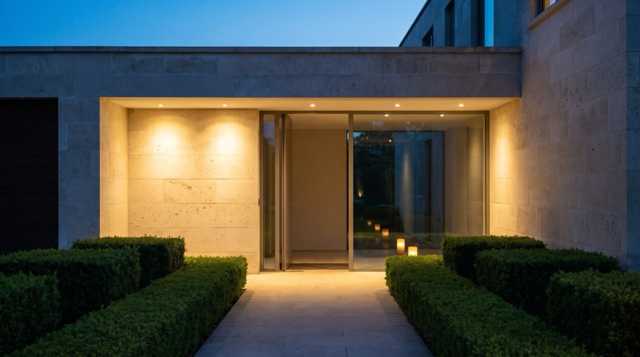The lit entrance of the practice at dusk, a stone path between clipped hedges