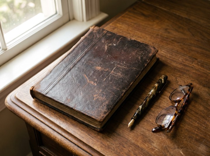 A closed leather ledger with reading glasses resting on it