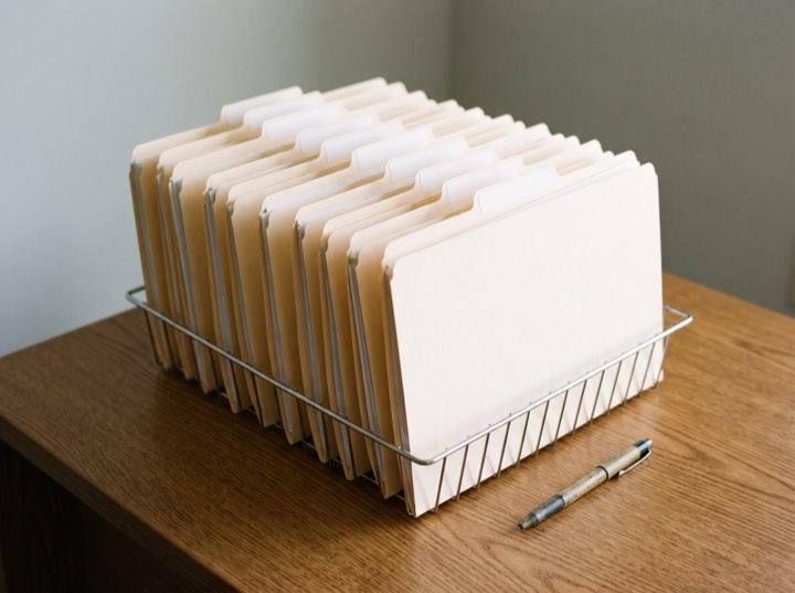 A row of labelled client folders standing on a desk