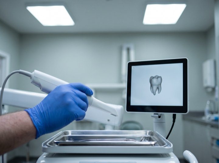 An intraoral scanner beside its screen