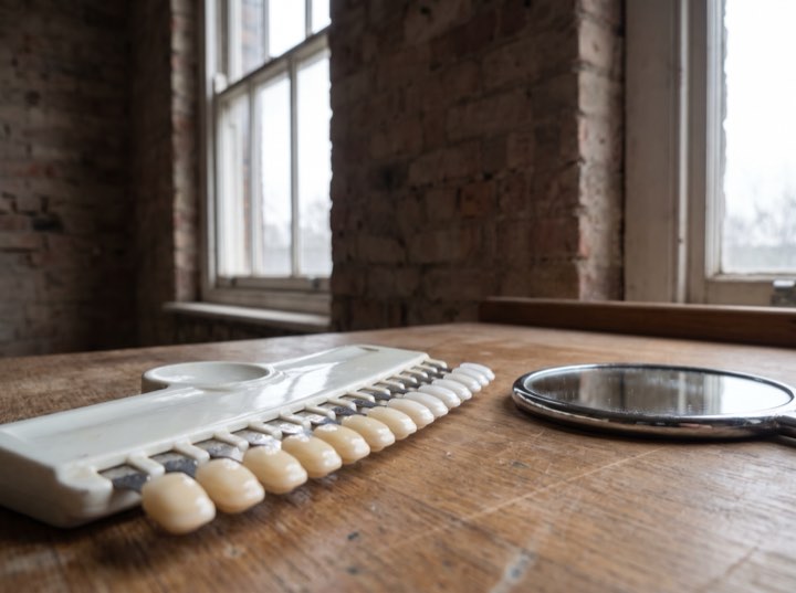 A porcelain shade guide on a tray