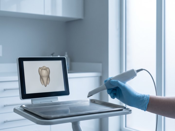 An intra-oral scanner in a gloved hand beside its screen