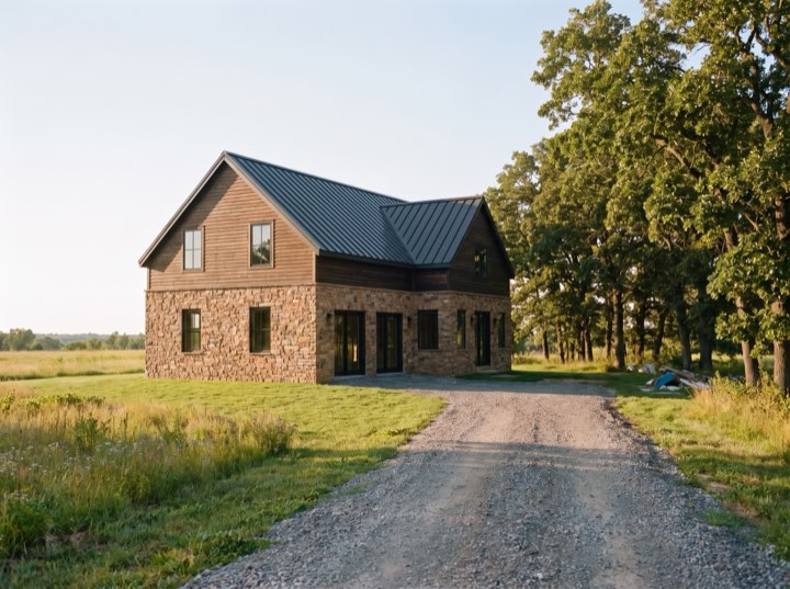 A finished home in the valley: timber and stone under a standing-seam roof