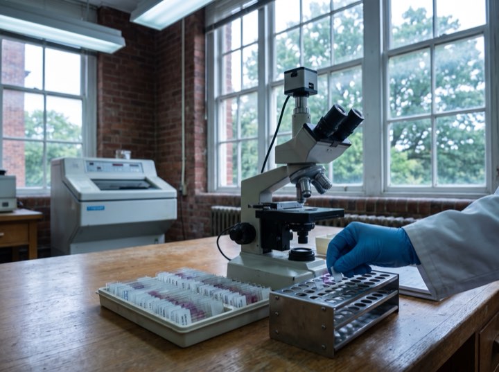 The Mohs lab: microscope, slide rack and cryostat by a brick-framed window