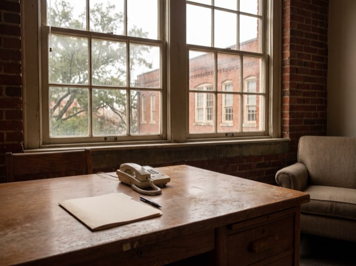 A telephone and a notepad on an oak desk by the window