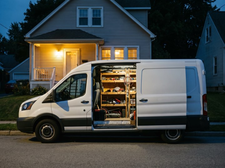 Evening call, van at the kerb