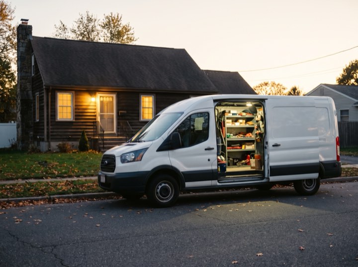 Evening call, van at the kerb