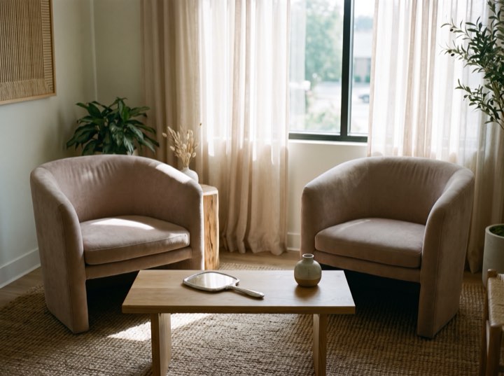 Two upholstered armchairs and a low oak table by a bright window in the consultation room
