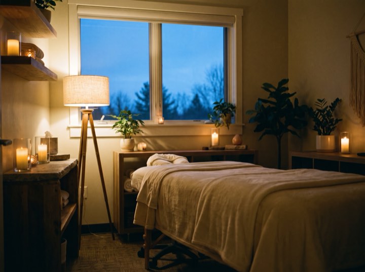 The treatment room at dusk, lamp-lit, with the blue evening sky through the window
