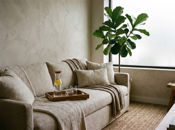 The lounge: a linen sofa with a throw, a tray with two drinks, and a fiddle-leaf fig by the window