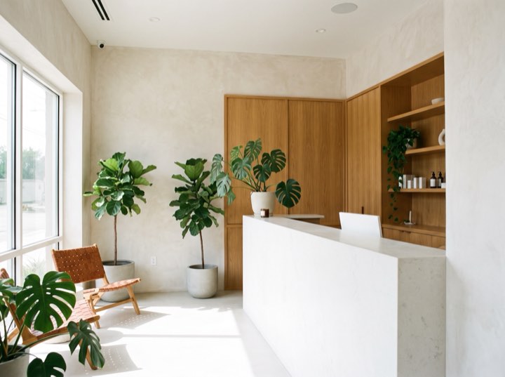 Reception: a white stone desk, oak cabinetry and potted fig trees in front of a window wall