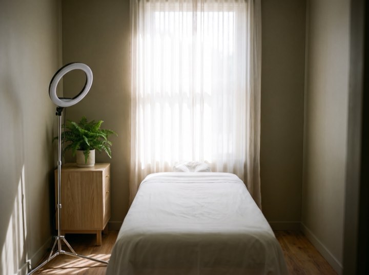 A treatment bed under a sheer-curtained window with a ring light on a stand