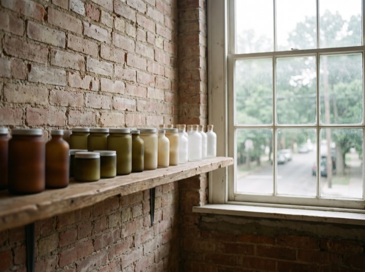 Skincare on a shelf by the window