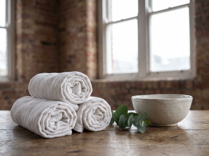 Folded towels on a wooden counter