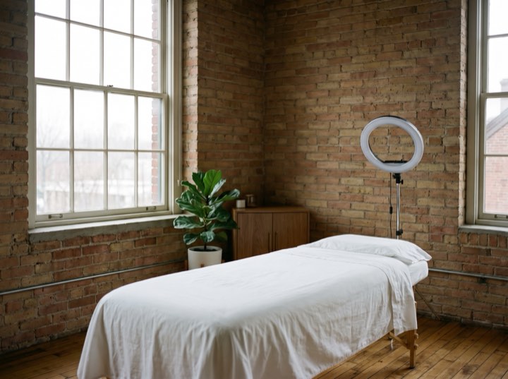 The treatment room, a bed under a brick wall and a window