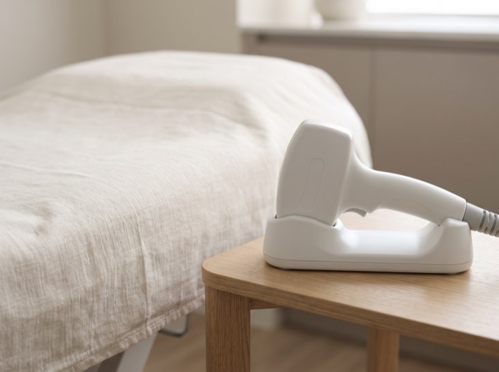 A laser handpiece resting on its cradle on a wooden table beside a linen-covered treatment bed