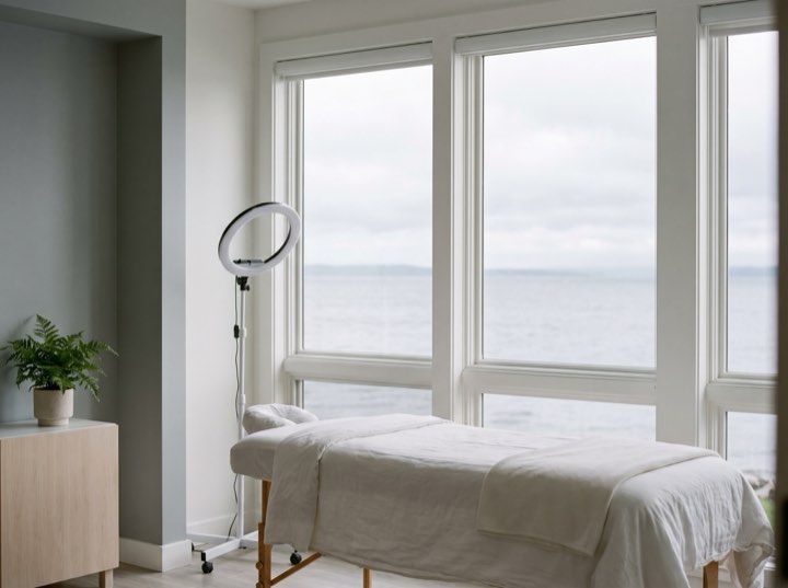 Treatment bed by a window over the water