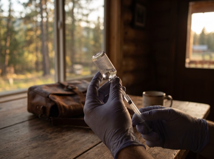 Gloved hands drawing up a syringe