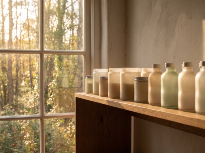 Skincare products on a wooden shelf by a window