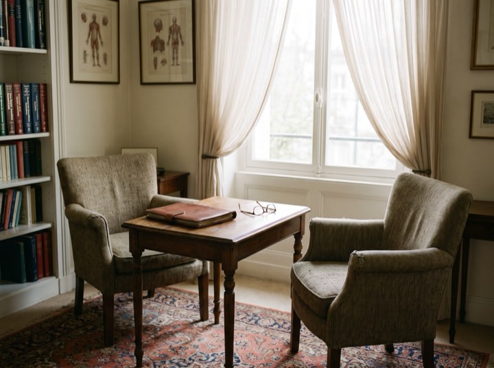 The consultation room: two armchairs, a desk and a wall of books by the window