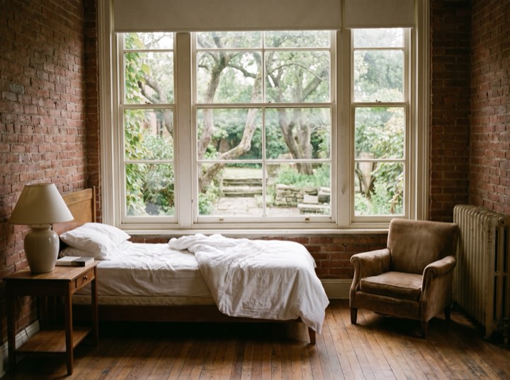 The recovery room, a bed by a garden window