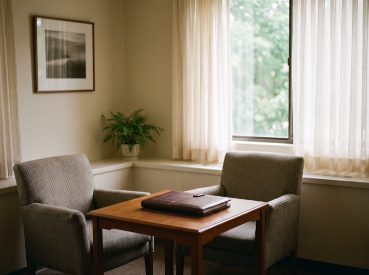 The consultation room: two armchairs at a small table by a window, a plant on the sill