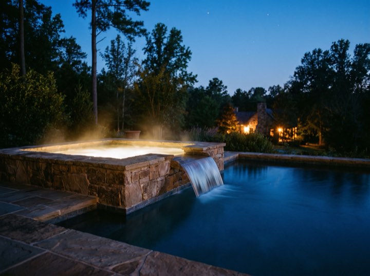 Spa spillover, dusk