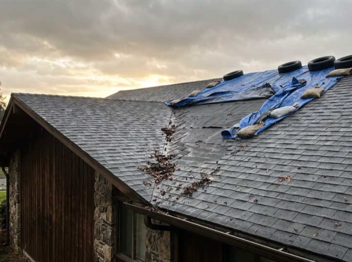 Storm-damaged roof before work