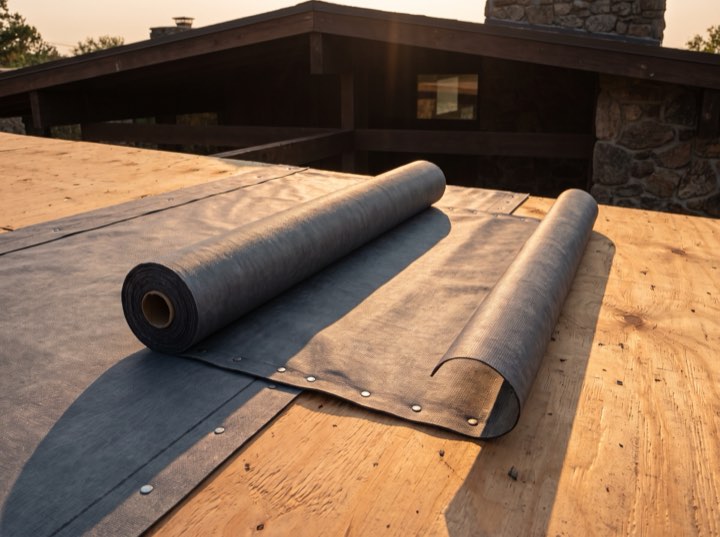 Rolls of synthetic underlayment on a bare deck