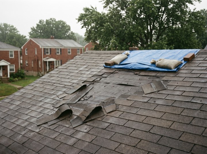 Storm-damaged roof before work began