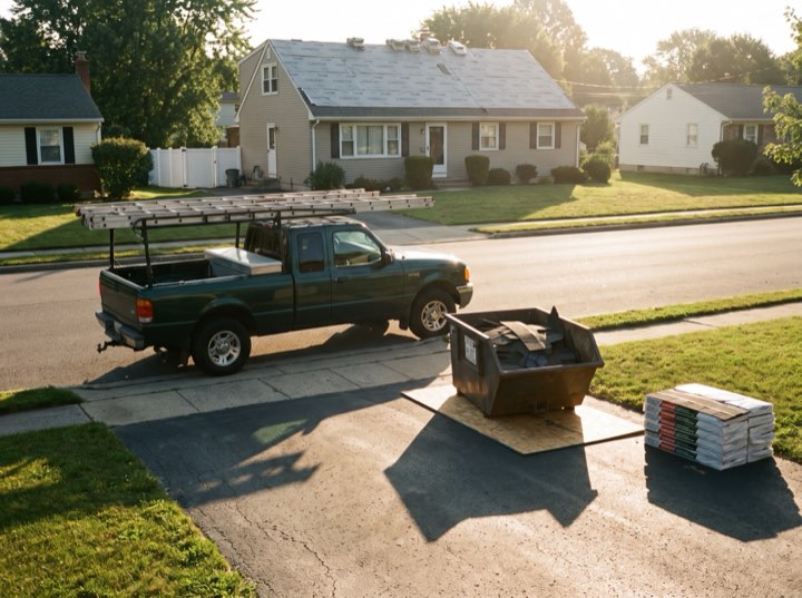 Crew truck and skip on a protected driveway at dawn