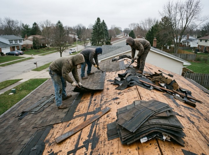 Old shingles stripped to the roof deck