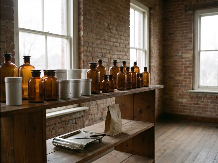 Pharmacy shelves where refills are collected