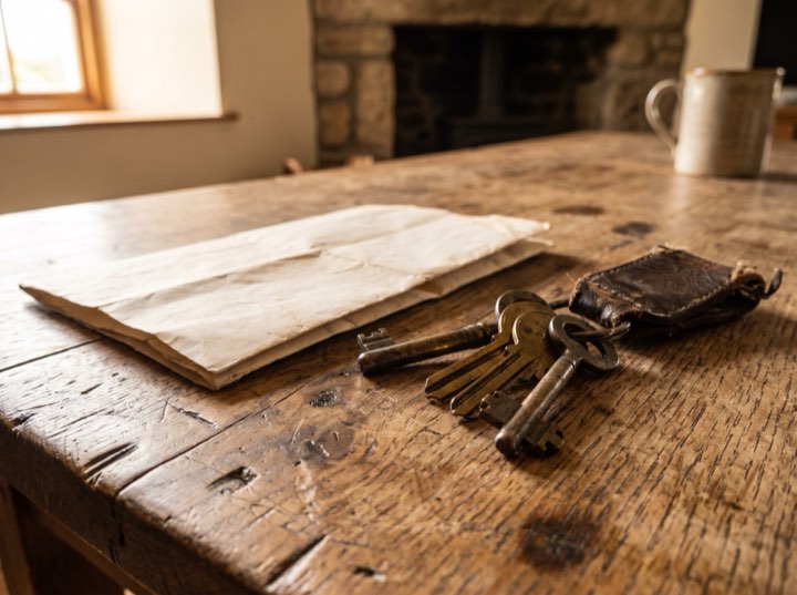 A ring of old keys on a folded letter on a wooden desk