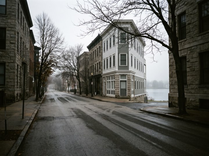 The firm's street on a grey morning, bare trees and a corner building
