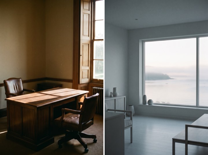 A desk and chair in afternoon light from a tall shuttered window